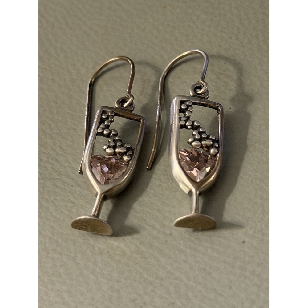 Dakota Shube Sterling 925 Silver Wine Glass Pink Crystal Dangle Earrings - #423